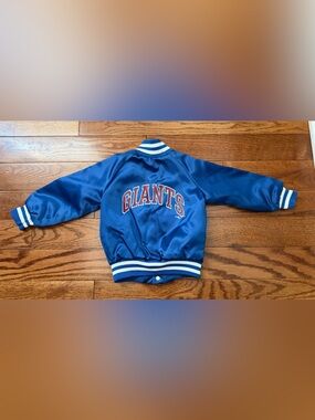 VTG 90 Infant NFL New York GIANTS CHALK LINE SPELL OUT SATIN BOMBER JACKET Sz 2